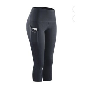 Neleus Womens Large Tummy Control High Waist Capri Running Leggings Pocket Black